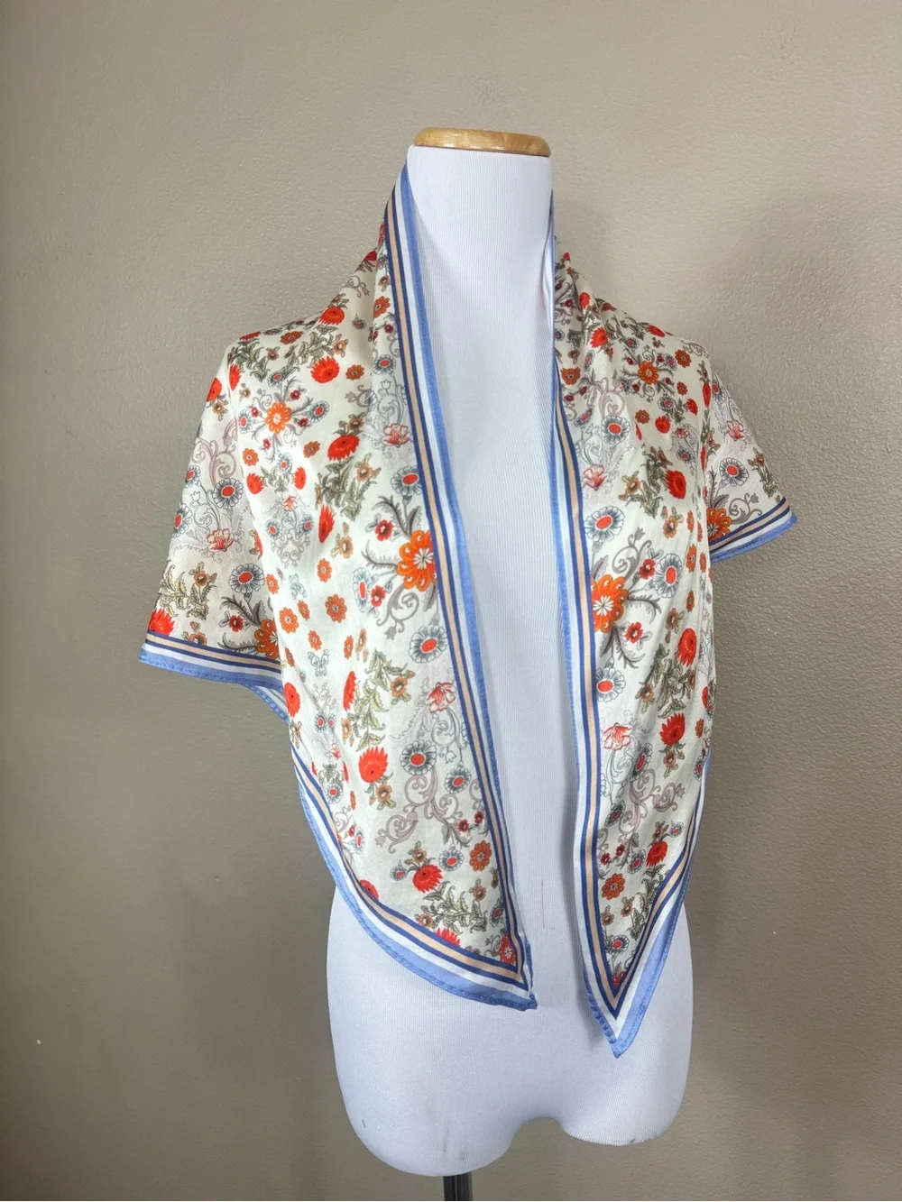 La Seine 100% Silk Triangle Floral Scarf in Blue white made in Italy